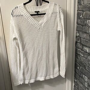 Talbots White V-Neck Sweater with Open Knit Design